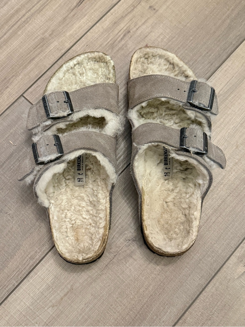 Birkenstock Arizona Shearling Suede Sandals Taupe Grey Mens 9 Womens 11 EU 42